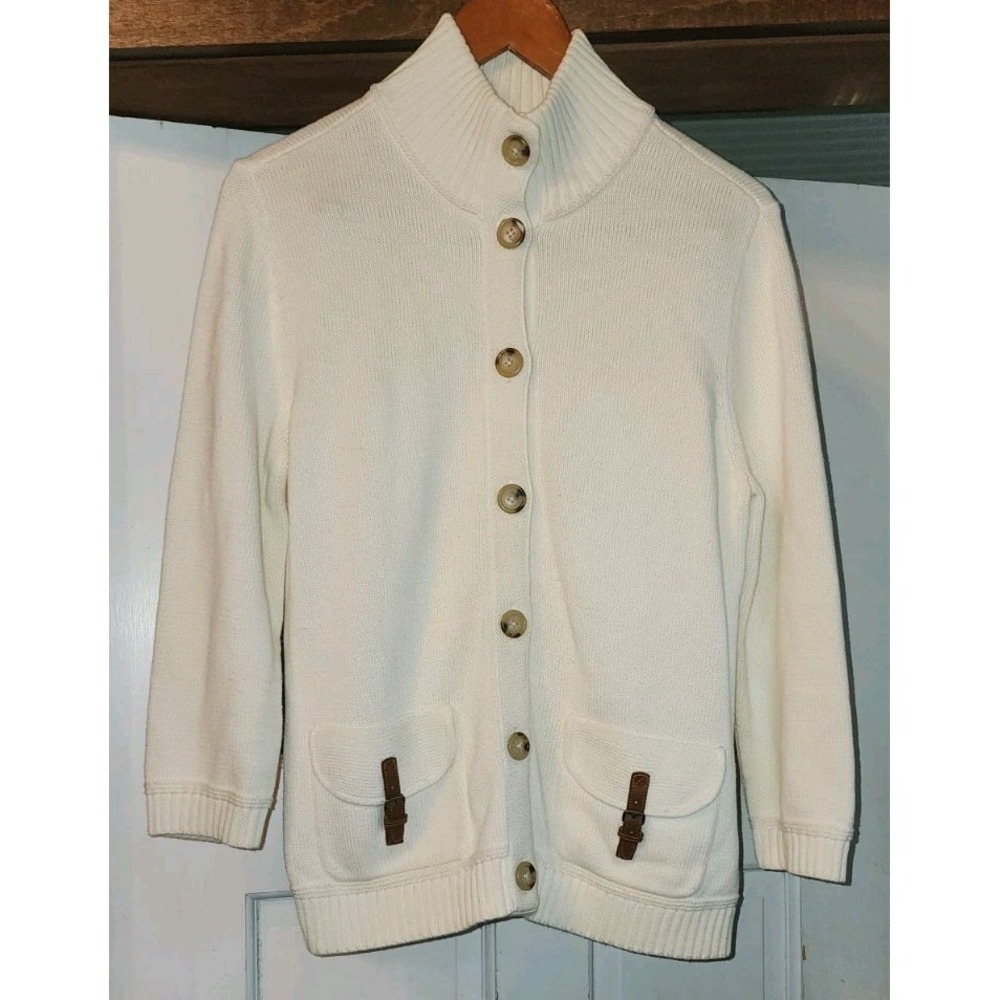 Lauren Ralph Lauren Womens Cream Large Sweater Button Buckle Leathe Grannycore